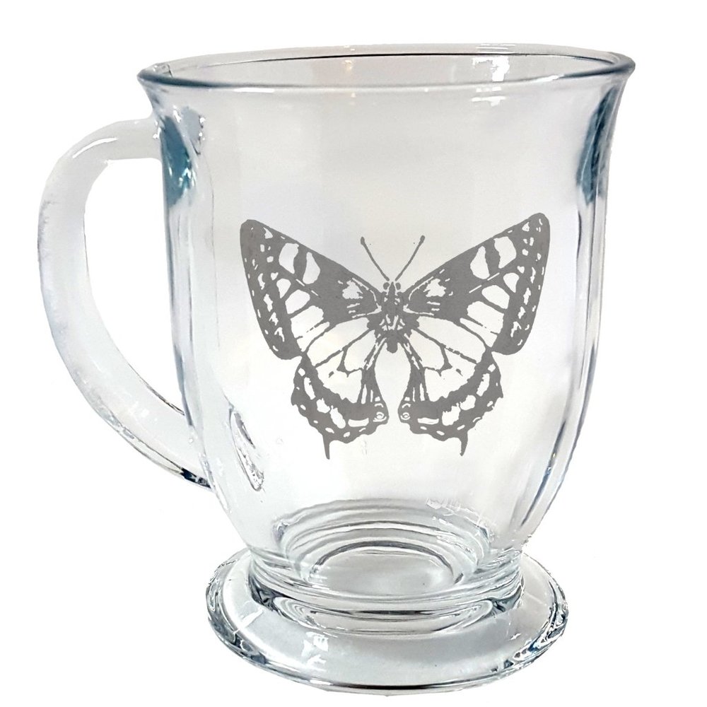 Butterfly Engraved Glass Coffee Mug 16 Ounces